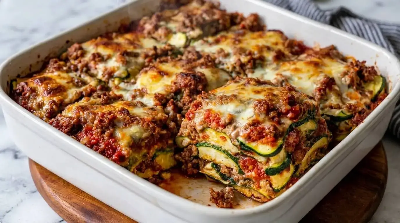 A freshly baked Mediterranean style low carb zucchini lasagna in a white baking dish with a square slice cut out showing clear green zucchini layers and a golden bubbling cheese top.