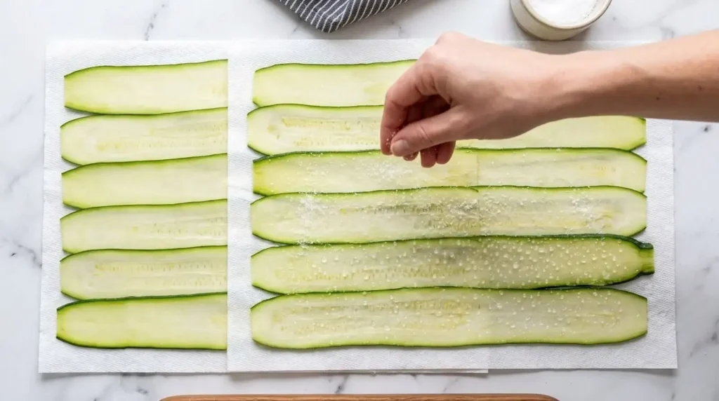 Thin zucchini ribbons arranged flat on paper towels being sprinkled with sea salt to draw out excess moisture for cooking.