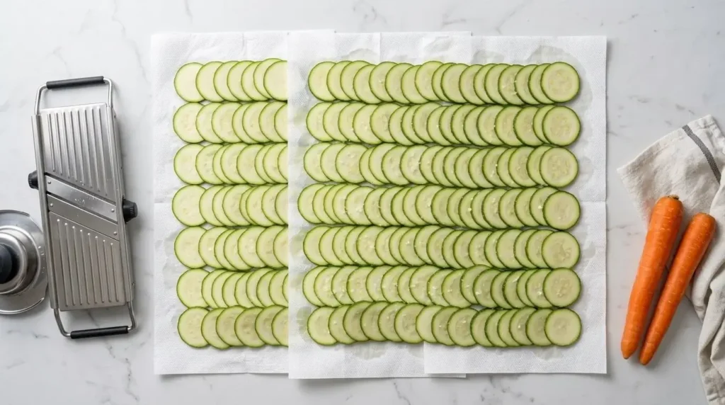 Thinly sliced zucchini rounds spread on paper towels and sprinkled with salt to remove excess moisture.
