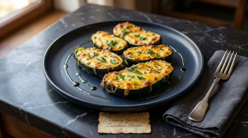 A rustic blue baking dish filled with cheesy garlic zucchini steaks featuring a bubbling golden-brown cheese crust and fresh parsley garnish on a wooden table.