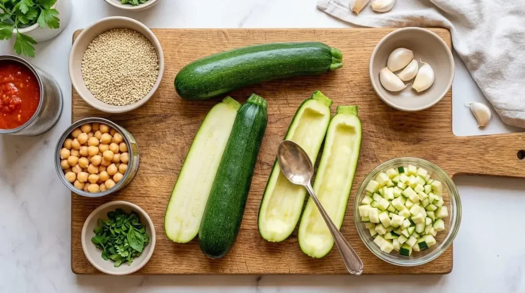 Slicing and hollowing out fresh green zucchini to create sturdy vegetable boats.