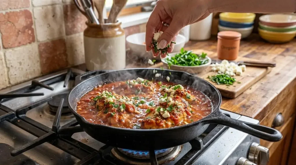 Scattering crumbled feta cheese over simmering Greek chicken in tomato sauce