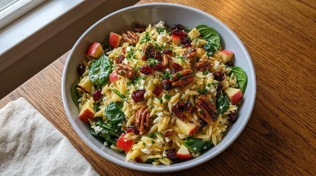 Autumn harvest apple cranberry orzo salad with pecans, spinach and feta in a bowl