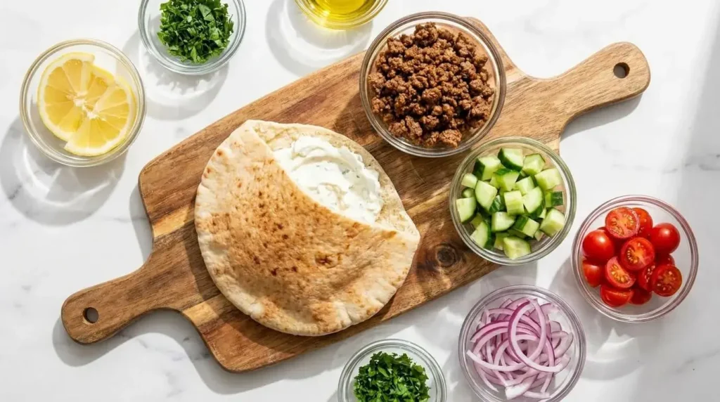 Fresh ingredients for Mediterranean ground beef pita wraps arranged on a wooden cutting board.