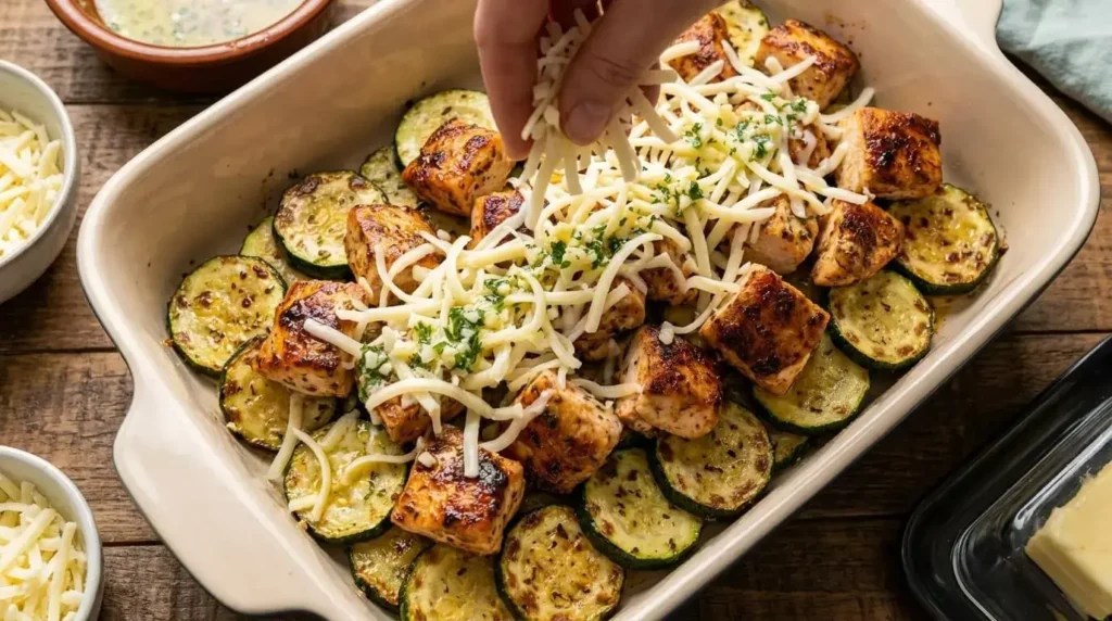 Hand layering shredded mozzarella cheese over seared chicken breast cubes and zucchini rounds in a ceramic baking dish.