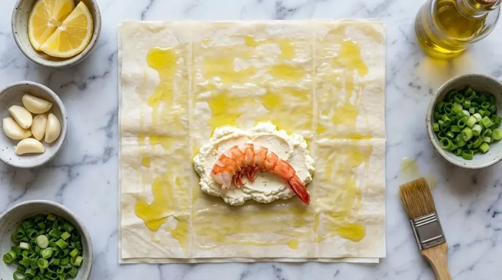 Step-by-step process of assembling shrimp rolls with whipped feta filling on phyllo dough.