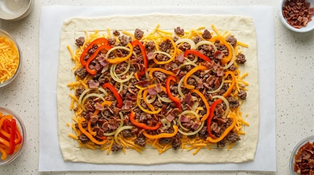 Layering ground beef, red peppers, onions, and shredded cheese on unbaked pizza dough before rolling.