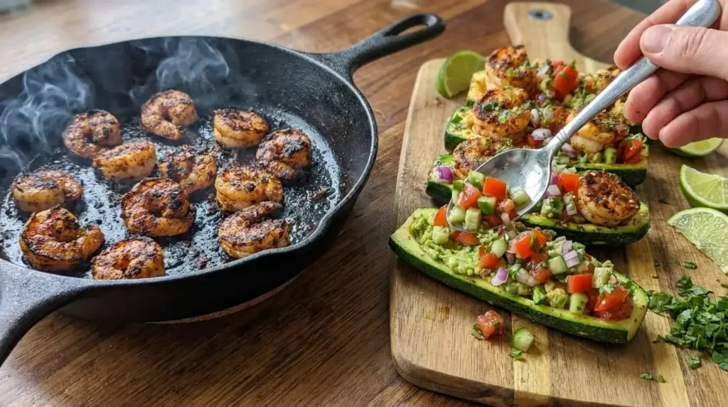 Searing blackened shrimp in a cast iron skillet next to grilled zucchini boats being assembled.