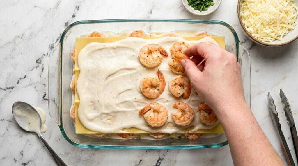 Assembling layers of lasagna noodles, white garlic sauce, sautéed pink shrimp, and mozzarella cheese in a baking dish.