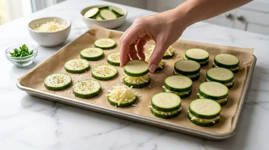 Assembling zucchini stacks on a parchment-lined baking sheet with shredded mozzarella cheese.