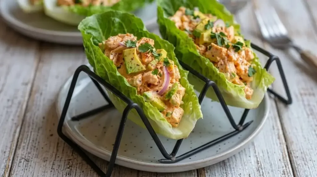 Fresh Mediterranean Avocado Chicken Salad Lettuce Wraps served in crisp romaine cups on a plate with taco holders.