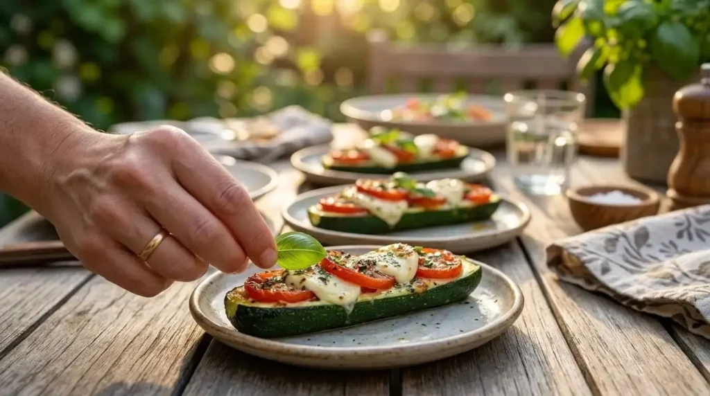 Baked Caprese stuffed zucchini boats with melted mozzarella, sliced tomatoes, and basil on a dark slate tray.
