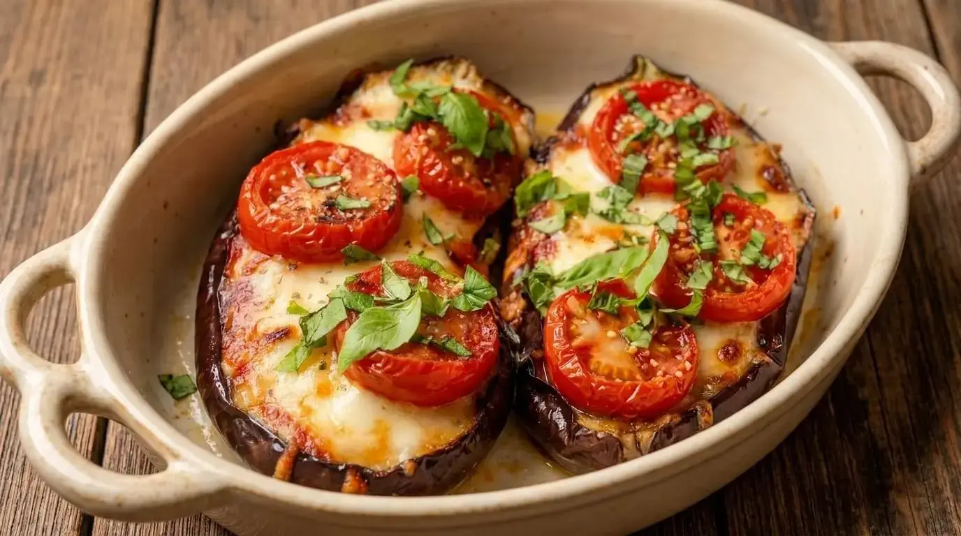 Two golden baked Italian eggplant Caprese boats topped with melted mozzarella, tomato slices, and fresh basil in a ceramic dish.