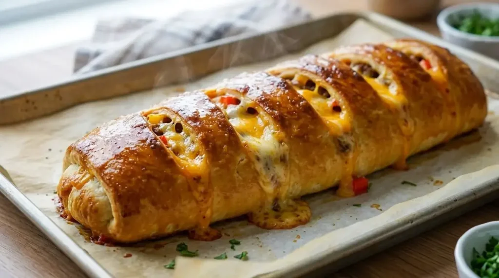 Whole baked beef stuffed bread roll fresh out of the oven with golden crust and steam vents.