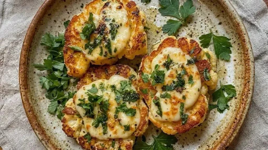 Baked Mozzarella Cauliflower Steaks topped with melted bubbly cheese and fresh parsley on a ceramic plate.