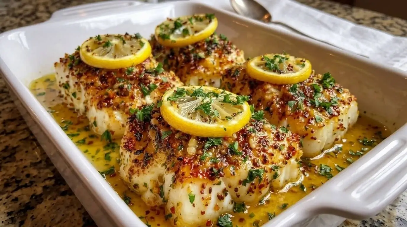 Garlic butter lemon baked cod topped with whole grain mustard sauce and fresh lemon slices in a white baking dish.