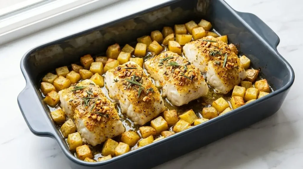 Lemon Herb Baked Fish Fillets with Roasted Potatoes in a black baking pan garnished with rosemary and thyme.