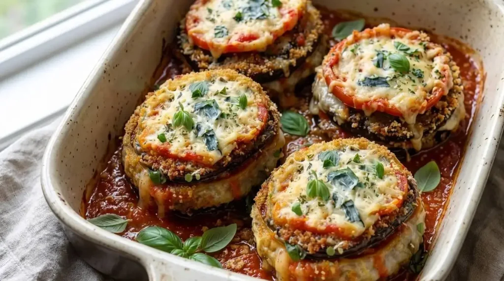Four crispy baked eggplant parmesan stacks layered with marinara sauce, melted mozzarella, fresh tomato slices, and basil in a ceramic dish.