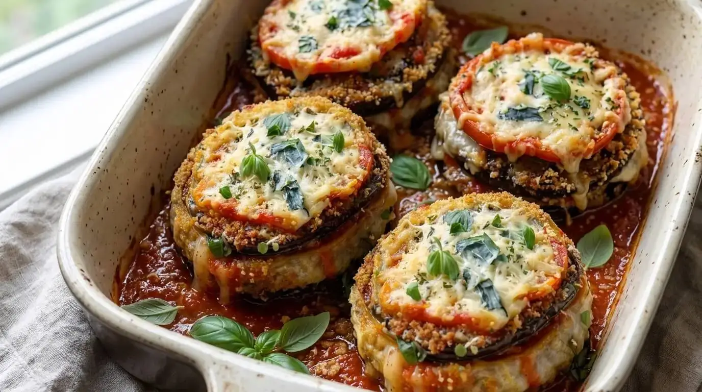 Four crispy baked eggplant parmesan stacks layered with marinara sauce, melted mozzarella, fresh tomato slices, and basil in a ceramic dish.