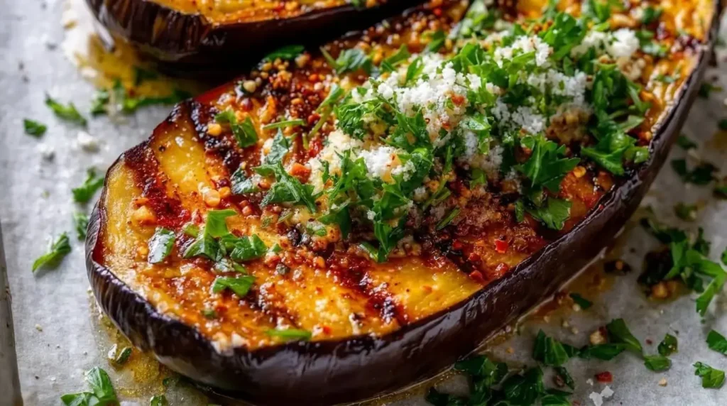 Macro view of caramelized scored eggplant flesh topped with warm feta cheese and freshly chopped parsley.