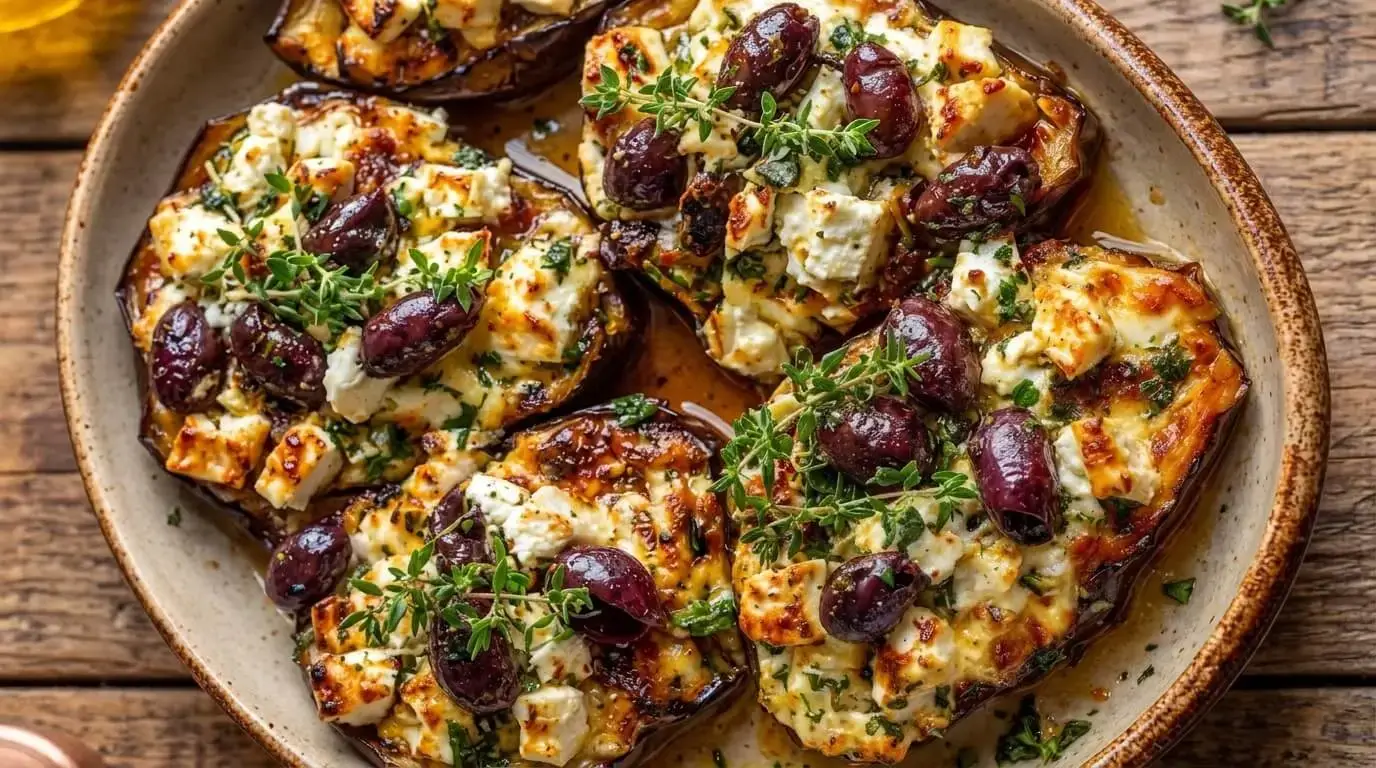 Baked Mediterranean honey-roasted stuffed eggplant halves topped with browned feta cubes, dark Kalamata olives, and fresh thyme.