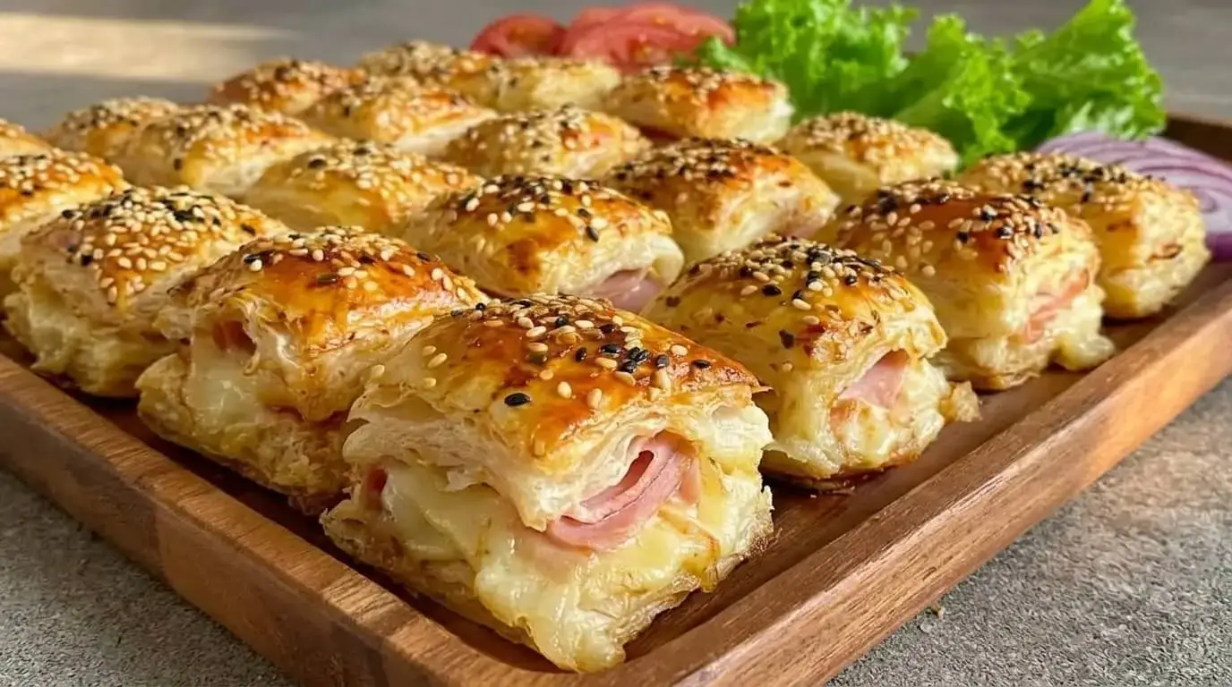 Platter of golden flaky Ham and Cheese Puff Pastry Bites topped with white and black sesame seeds next to fresh tomatoes and lettuce.