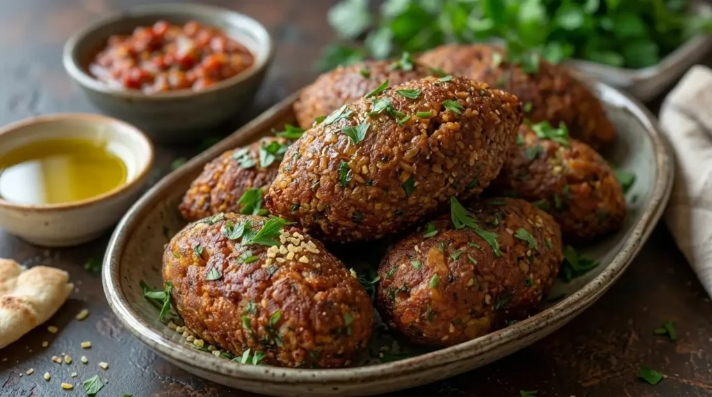 Baked Lebanese kibbeh croquettes made with ground beef, fine bulgur, and parsley served in a ceramic dish.