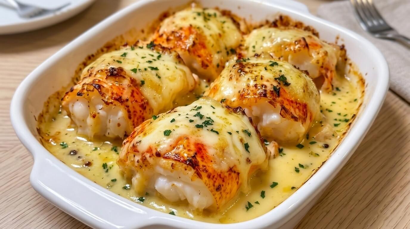 Baked lobster tails covered in bubbly browned melted cheese and garlic butter sauce in a white casserole dish.
