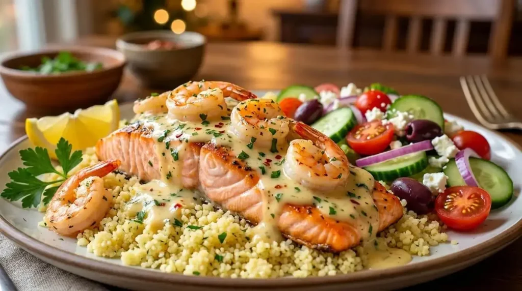 Plated portion of creamy garlic butter salmon and shrimp served over lemon couscous with a side Mediterranean salad.