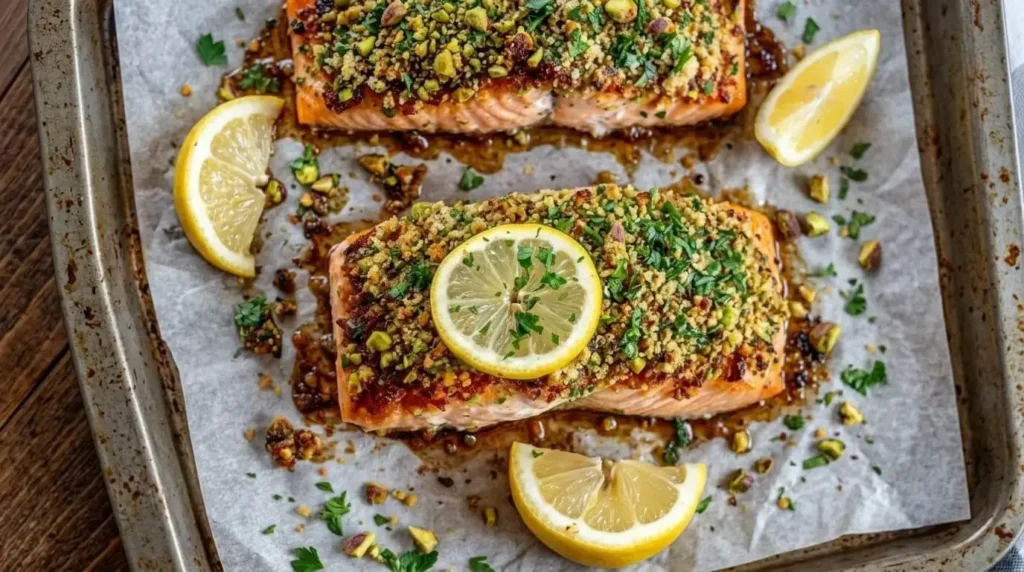 Baked salmon fillets with a crunchy green pistachio herb crust and honey Dijon glaze served on parchment paper with lemon wedges.