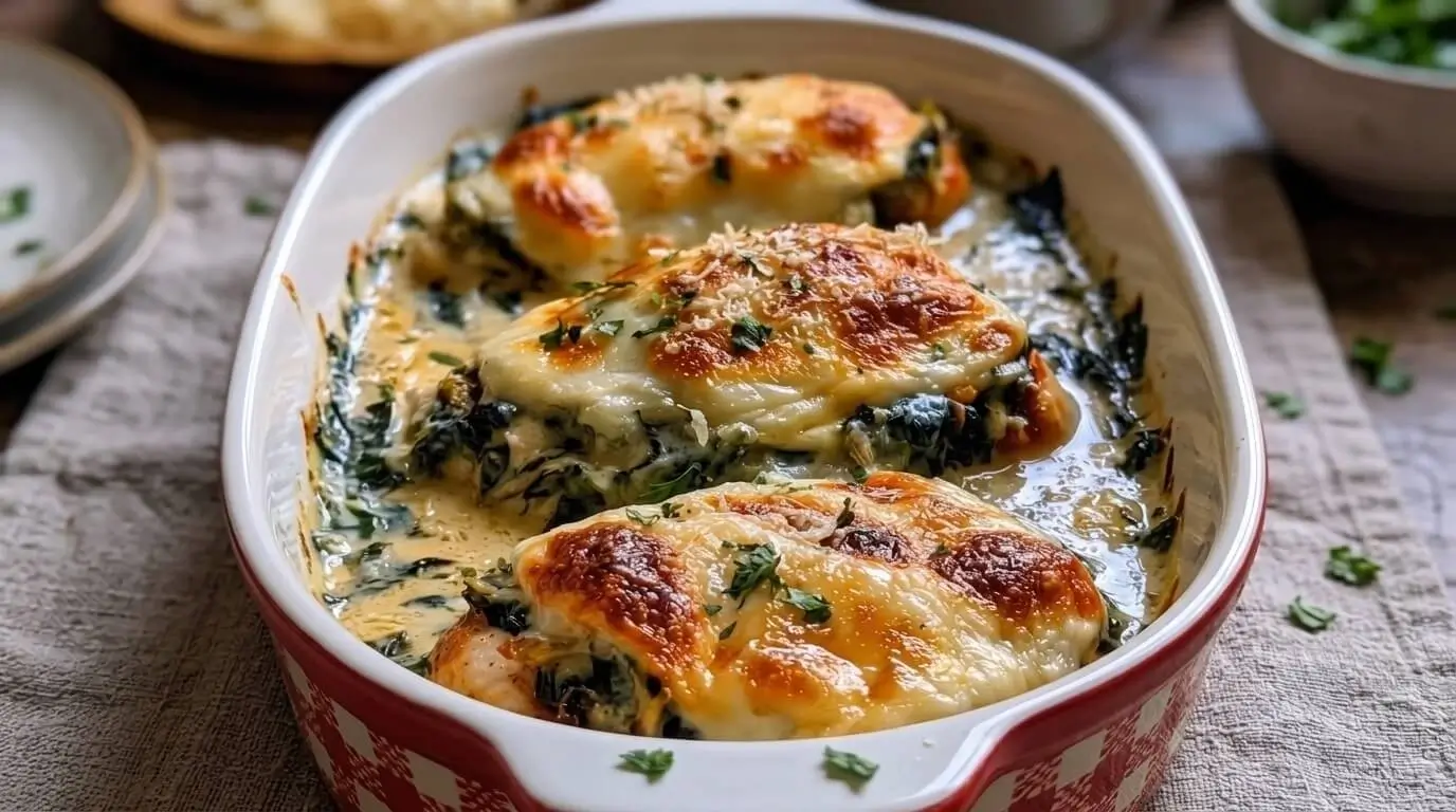 Freshly baked Chicken Florentine Casserole in an oval ceramic dish with golden melted mozzarella cheese top and chopped parsley garnish.