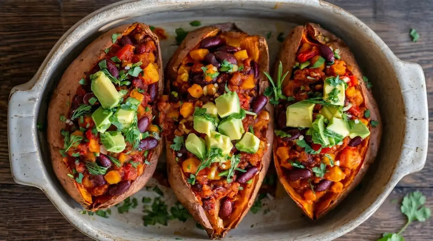 Crockpot vegan chili-stuffed sweet potatoes topped with fresh diced avocado, cilantro, and dill in a baking dish.