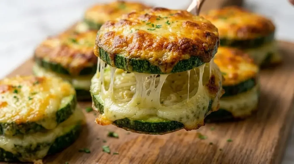 Close-up of a cheesy baked zucchini stack showing melted mozzarella inside and a browned cheese crust.