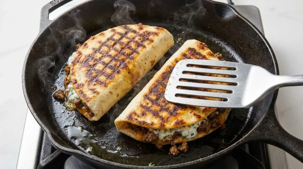 Pan-searing pita wraps in a hot cast-iron skillet to achieve a golden crispy charred crust.