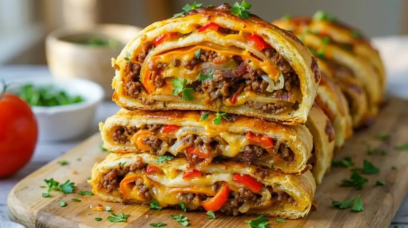 Sliced golden-brown beef stuffed bread rolls showing melted cheese, ground beef, and red bell peppers on a wooden board.