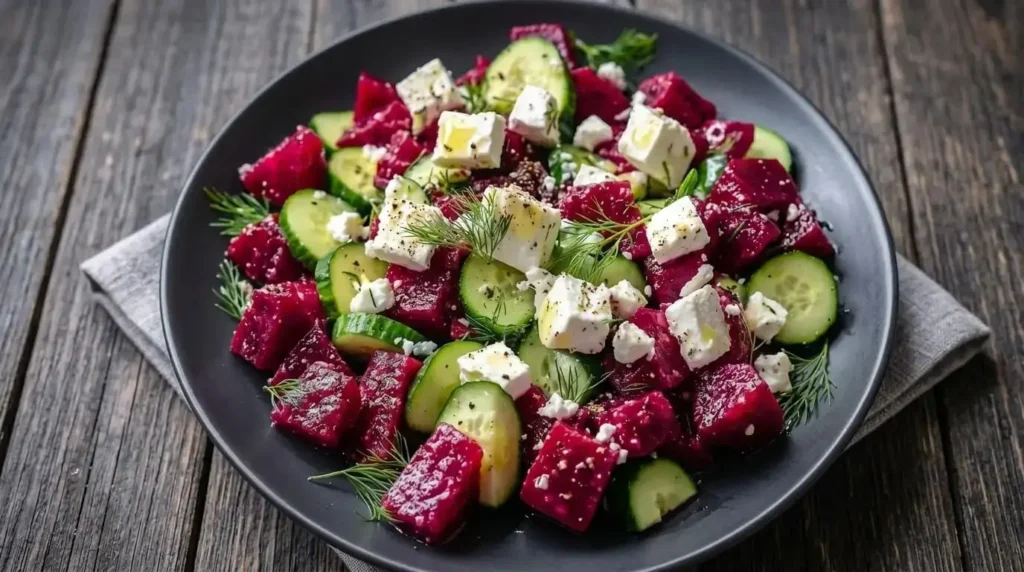 Beetroot, feta and cucumber salad with fresh dill and lemon olive oil dressing
