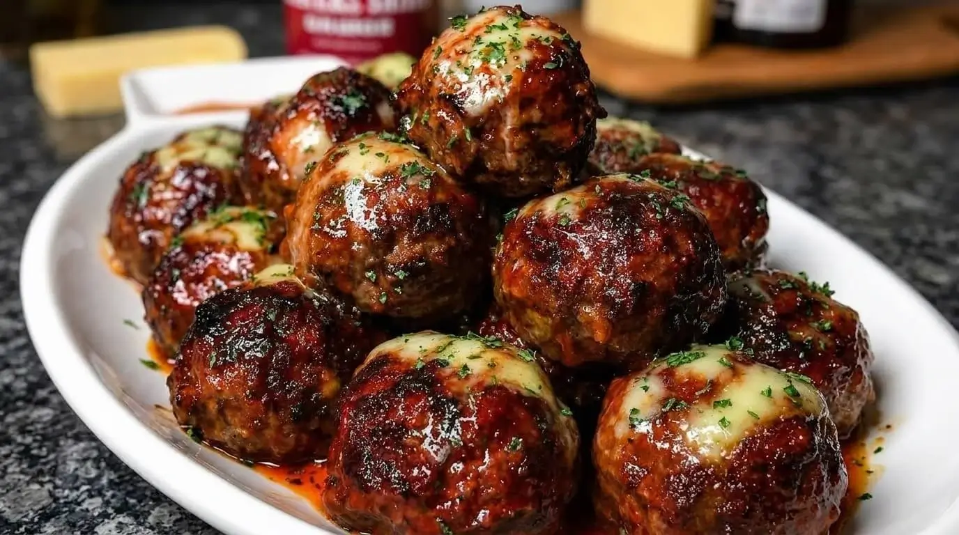 Golden broiled cheesy glazed meatballs topped with melted mozzarella and fresh parsley on a white platter.