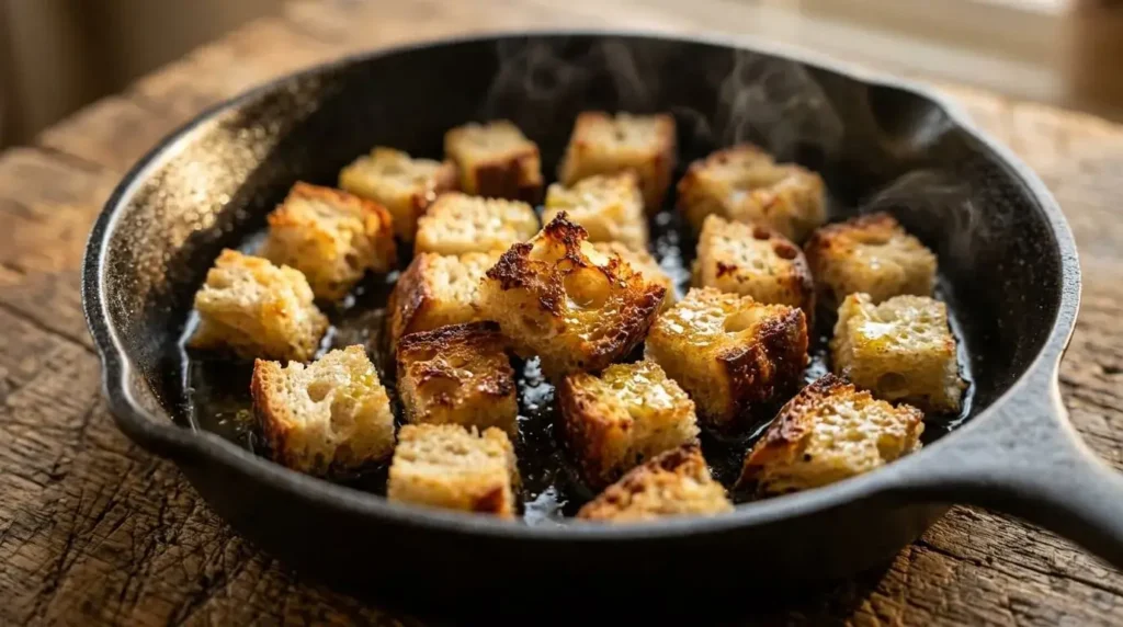 Crispy sourdough croutons frying to a golden brown in a skillet with extra virgin olive oil.