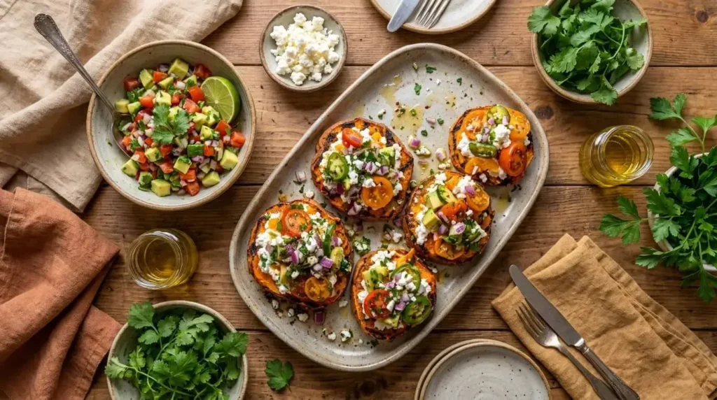 Mediterranean brunch table displaying loaded savory sweet potato toasts alongside fresh ingredients and olive oil.