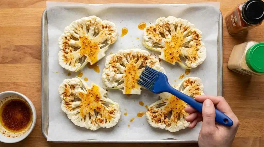 Brushing raw cauliflower steaks on parchment paper with seasoned extra virgin olive oil.