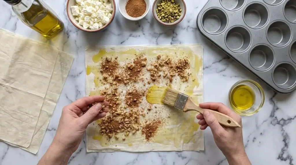 Layering phyllo dough sheets with olive oil and cinnamon nuts for homemade phyllo cups.