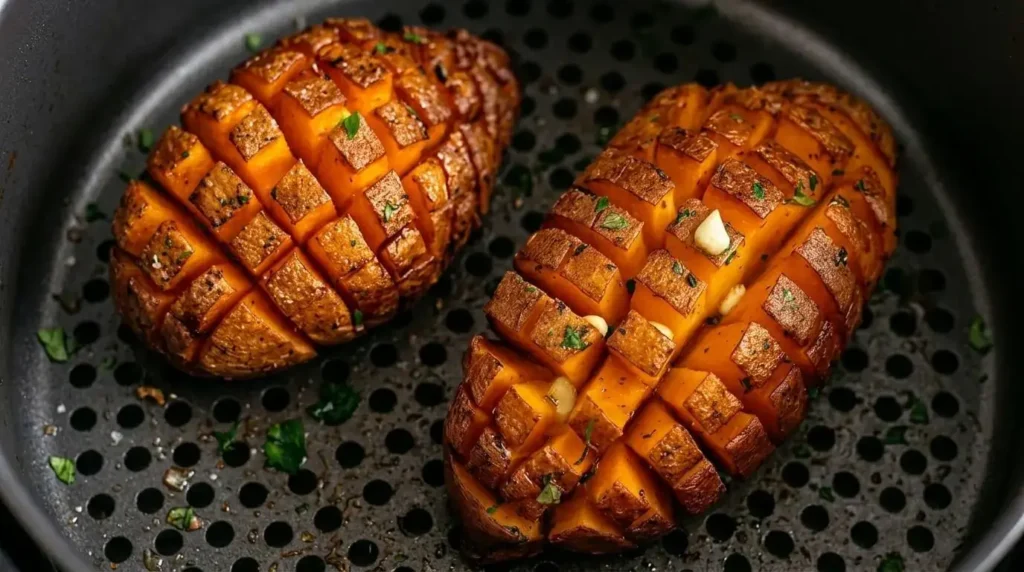 Air fryer blooming sweet potato cut into caramelized crispy grid squares with garlic slivers and fresh herbs.
