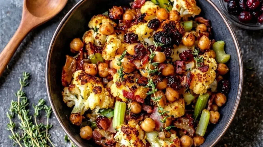 Roasted Cauliflower and Chickpea Salad with Cranberries served in a dark ceramic bowl with fresh thyme sprigs.