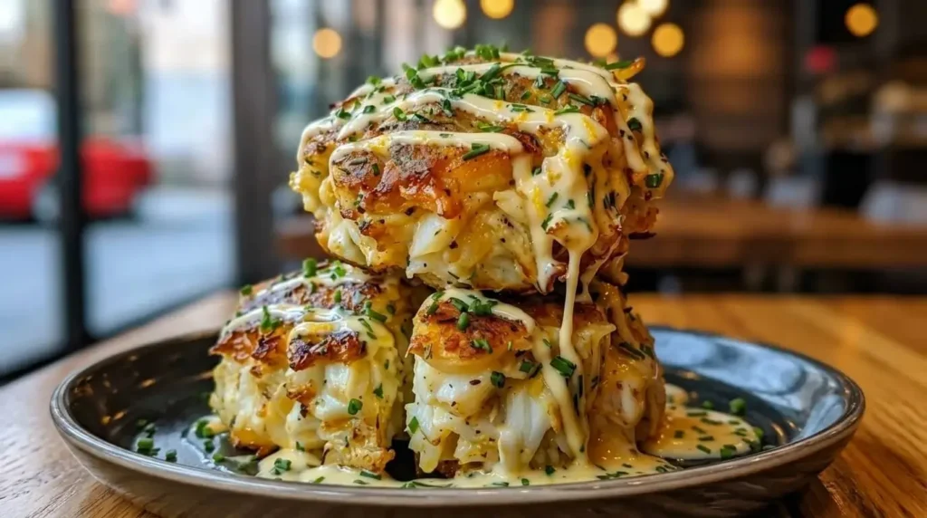 Vertical stack of two golden pan-seared cheddar bay crab cakes with lemon butter drizzle and fresh chives on a dark plate.