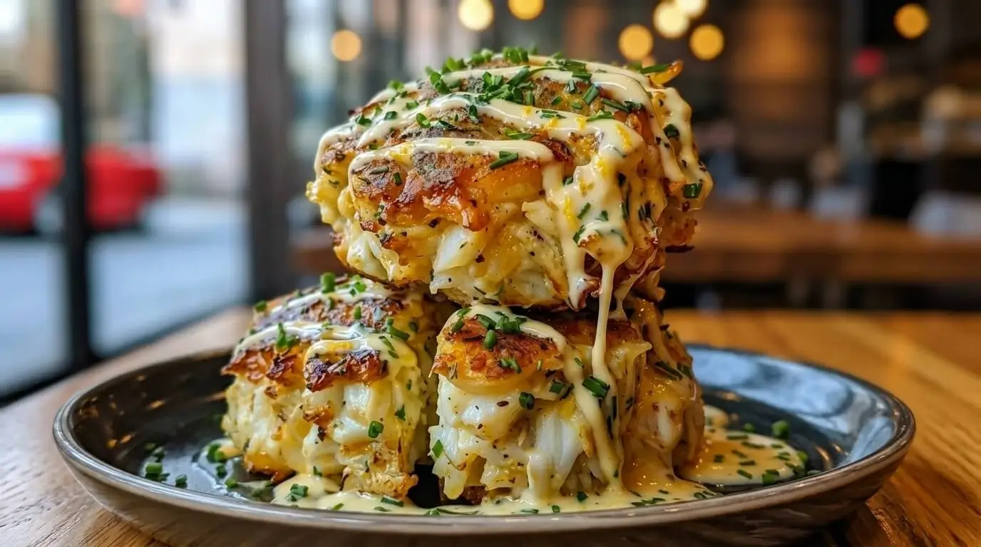Vertical stack of two golden pan-seared cheddar bay crab cakes with lemon butter drizzle and fresh chives on a dark plate.
