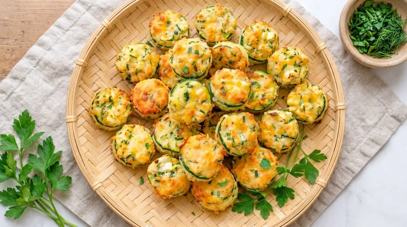 Top-down view of golden Baked Cheesy Zucchini Bites with Greek feta and parsley served on a woven tray.