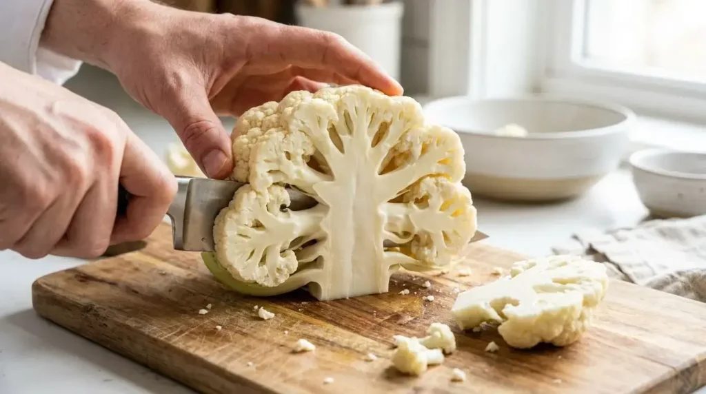 Slicing a head of fresh white cauliflower into thick steaks on a wooden cutting board.