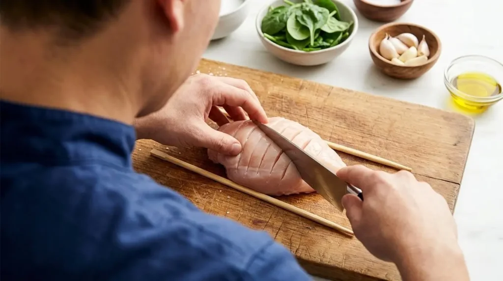 Slicing raw boneless chicken breast crosswise in Hasselback cuts on a wooden cutting board