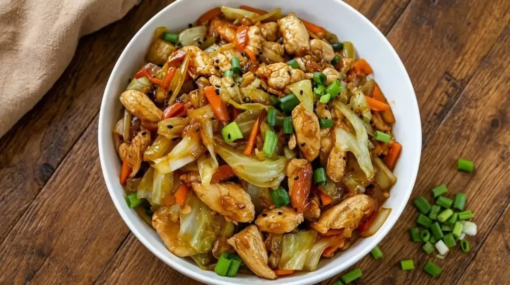 A bowl of healthy Chinese chicken and cabbage stir-fry with carrot matchsticks, scallions, and sesame seeds.