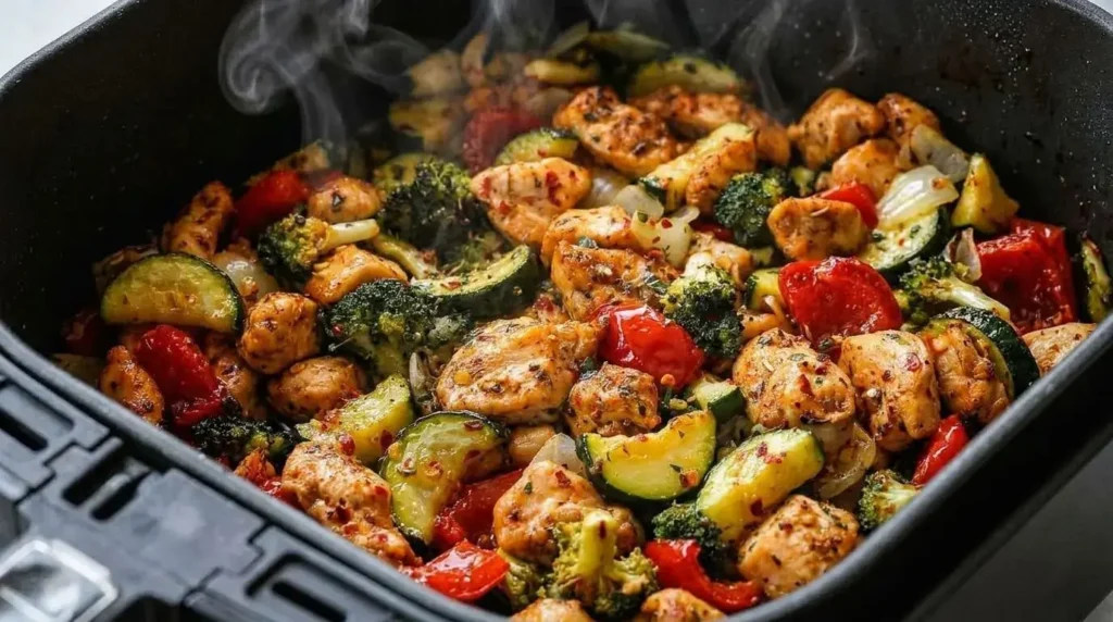 Air fryer basket filled with roasted chicken cubes, charred zucchini, and red peppers cooked to golden perfection.